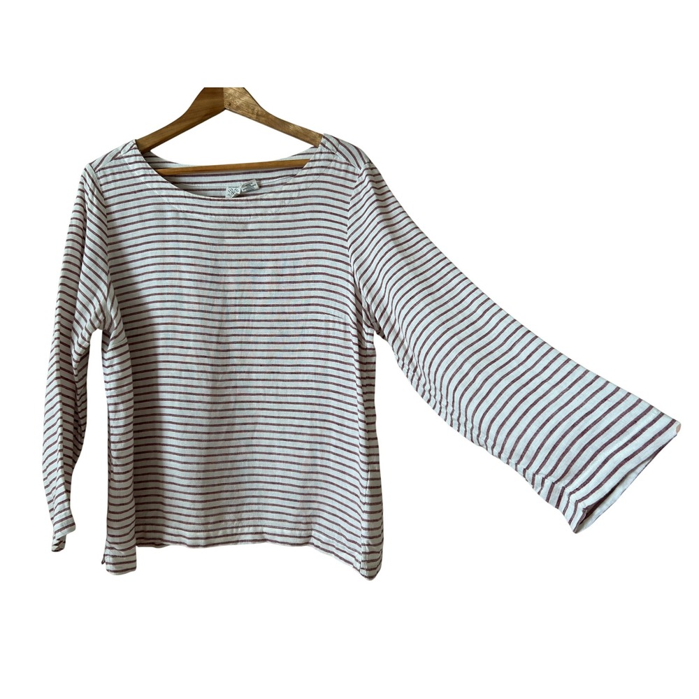 Artisan NY White Red Striped 100% Linen Top Size L Boat Neck Parisian Coastal